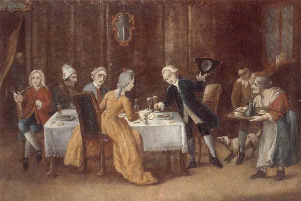 unknow artist An elegant interior with a lady and gentleman toasting,other figures drinking and smoking at the table Sweden oil painting art